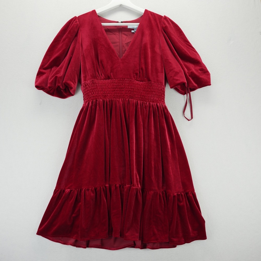 Antonio Melani‎ Red Velvet V-Neck Smocked Waist Ruffle Mini Dress Size 2 Holiday - Picture 8 of 15